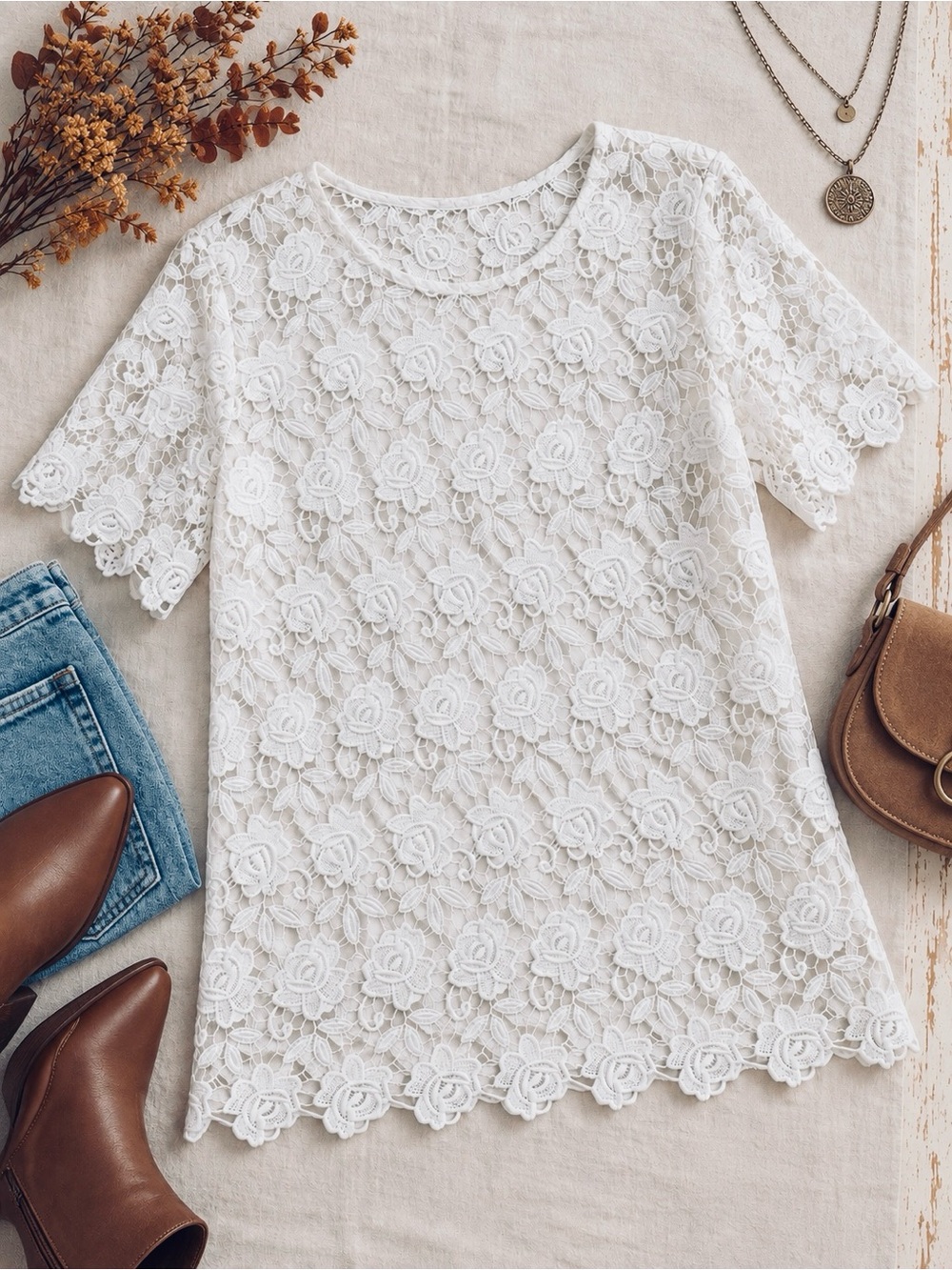 Haute Monde Floral Crochet Lace Short Sleeve Blouse Boho Cottagecore Romantic M